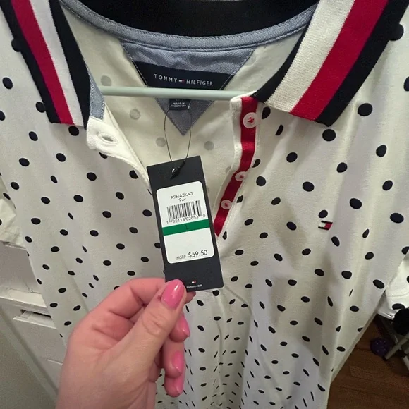 Tommy Hilfiger White Polo Dress with Navy Polka Dots and Red-Trim Collar - Picture 2 of 4